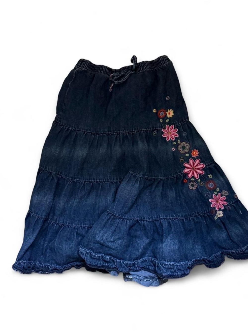 The Children's Place Dark Blue Tiered Denim Skirt with Pink Floral Embroidery